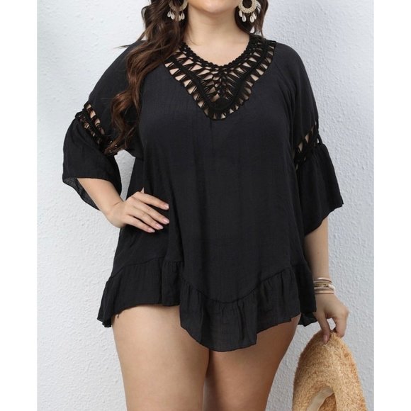 New Black Crochet Short Beach Swim Coverup - Picture 1 of 16